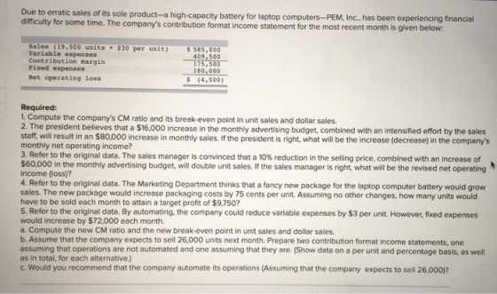 Due to erratic sales of its sole product a high-capacity battery for laptop computers-PEM, Inc., has been experiencing financ
