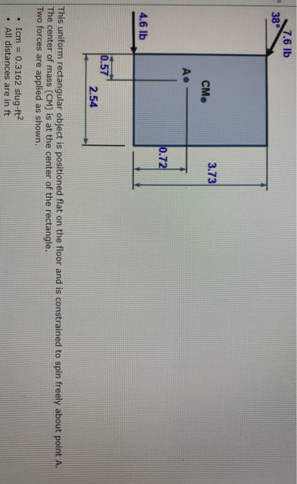7.6 lb 38° 3.73 CM. 0.72 4.6 lb 0.57 2.54 This uniform rectangular object is positioned flat on the floor and is constrained