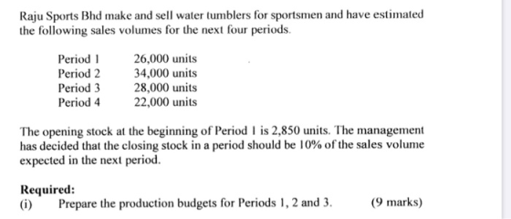 Raju Sports Bhd make and sell water tumblers for sportsmen and have estimated the following sales volumes for the next four p
