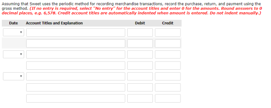 Assuming that Sweet uses the periodic method for recording merchandise transactions, record the purchase, return, and payment