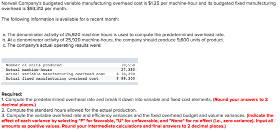 Norwall Companys budgeted variable manufacturing overhead cost is $1.25 per machine-hour and its budgeted fixed manufacturing overhead is $93,312 per month The following information is available for a recent month: a. The denominator activity of 25,920 machine-hours is used to compute the predetermined overhead rate. b. At a denominator activity of 25,920 machine-hours, the company should produce 9,600 units of product. c. The companys actual operating results were: Number of units produced Actual machine-hours Actual variable manufacturing overhead cost Actual fixed manufacturing overhead cost 10,550 27,350 38,290 $ 99,300 Required: 1. Compute the predetermined overhead rate and break it down into variable and fixed cost elements. (Round your answers to 2 decimal places.) 2. Compute the standard hours allowed for the actual production. 3. Compute the variable overhead rate and efficiency variances and the fixed overhead budget and volume variances. (Indicate the effect of each variance by selecting F for favorable, U for unfavorable, and None for no effect (i.e., zero variance). Input all amounts as positive values. Round your intermediate calculations and final answers to 2 decimal places.)