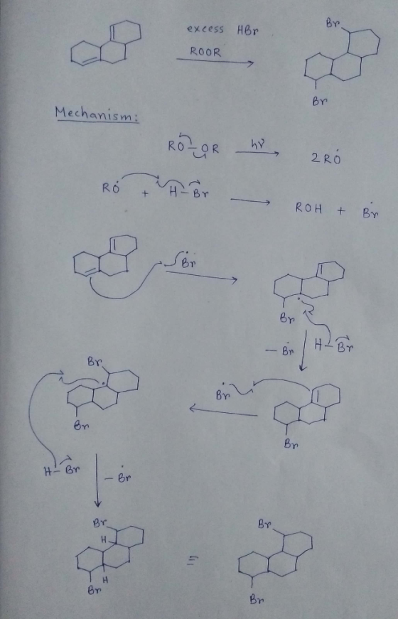 excess HBr ROOR Br Mechanism: ROZOR ho ZRO o The RO + H - Br Roll ROH + Br Br - Br HL Br Br H- Br Br Y H 1 Br