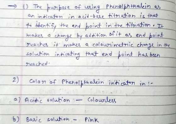 Tre punpore of in on in ticaton in acd-bare titn atioh is thet →-1). phthakin s identify the end haint in the tithangh , 다 soluhion inhoting theit end boint has ban 9 2) Colon o Phenolptholein inhiaton in i b) Basic soluhonPink