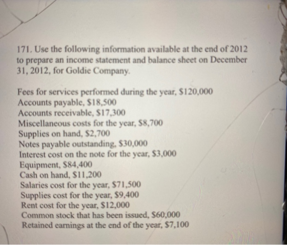 171. Use the following information available at the end of 2012 to prepare an income statement and balance sheet on December