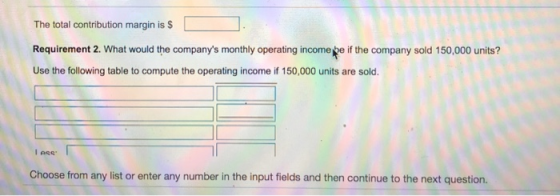 The total contribution margin is $ Requirement 2. What would the companys monthly operating income be if the company sold 15