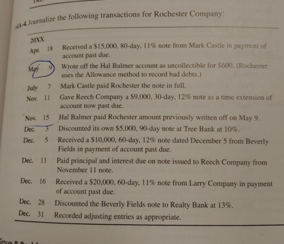 ULLE alize the following transactions for Rochester Company 20XX May of 18 Received a $15,000, 80-day, 11% note from Mark Cas
