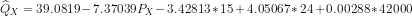 Qx = 39.0819-7.37039 PX-3.42813*15+4.05067* 24+0.00288*42000