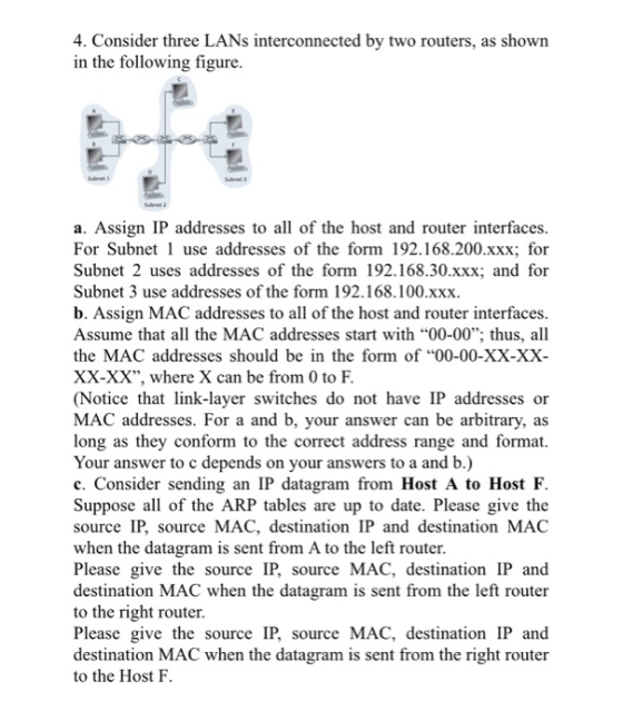 4. Consider three LANs interconnected by two routers, as shown in the following figure. a. Assign IP addresses to all of the