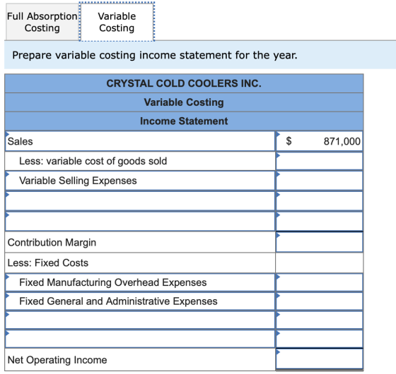 Full Absorption Costing Variable Costing Prepare variable costing income statement for the year. CRYSTAL COLD COOLERS INC. Va