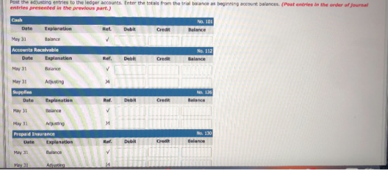 Post the adjusting entries to the ledger accounts. Enter the totals from the trial balance as beginning account balances. (Po