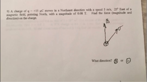 9) A charge. direction) on the charge. msgnetie fied pointing North with a magnitude of o.os T Hiad the force (mugnitude and of q = +15 μC moves in a Northeast direction with a speed 5 m/s, 25° East of a North, with a magnitude of 0.08 T. Find the force (magnitude and 3 What direction? or