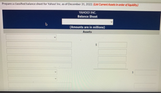 Prepare a classified balance sheet for Yahoo! Inc. as of December 31, 2022. (List Current Assets in order of liquidity) YAHOO