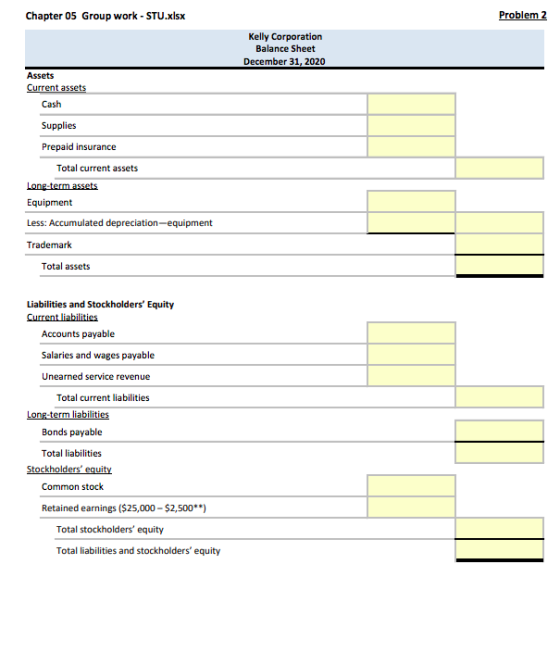Chapter 05 Group work - STU.xlsx Problem 2 Kelly Corporation Balance Sheet December 31, 2020 Assets Current assets Cash Suppl