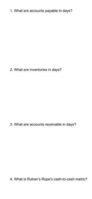 1. What are accounts payable in days? 2. What are inventories in days? 3. hat are accounts receivable in days? 4. What is Rut