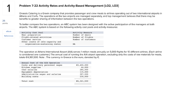 Problem 7-22 Activity Rates and Activity-Based Management (LO2, LO3] Onassis Catering is a Greek company that provides passen