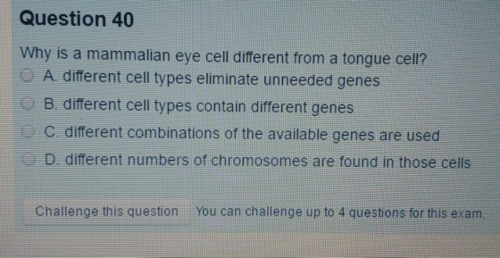 Question 40 Why is a mammalian eye cell different from a tongue cell? O A. different cell types eliminate unneeded genes B. d
