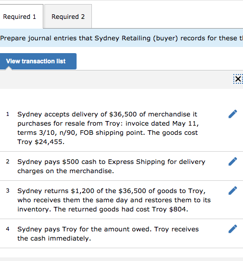 Required 1 Required 2 Prepare journal entries that Sydney Retailing (buyer) records for these t View transaction list XE 1 Sy