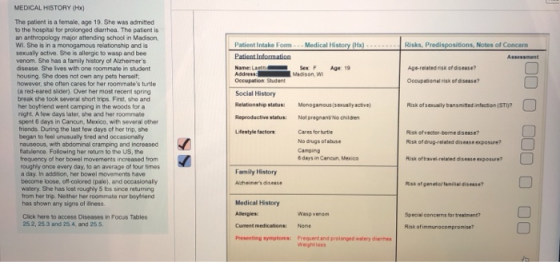 MEDICAL HISTORY (Hx) The patient is a female, age 19. She was admited to the hosptal for proionged darrhea. The patient is an