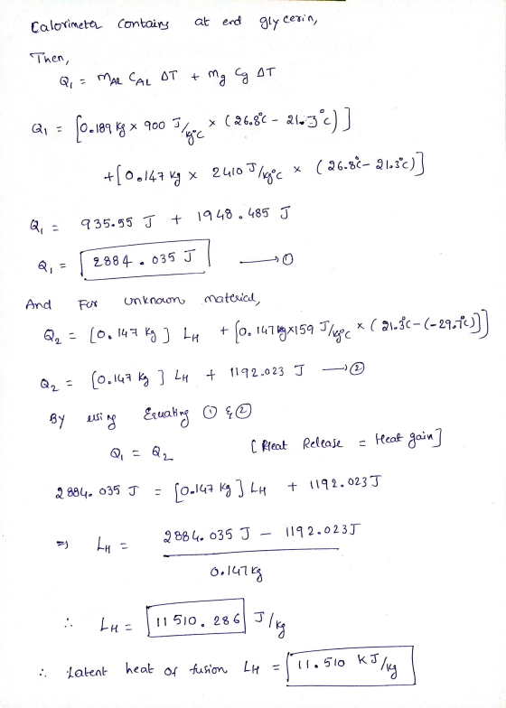 Calorimeter contains at end glycerin, Ther, Q,= MAR CAL DT + mg Cg AT Q1 = [c. 109 69 x 900 5luce* (26.8€ – 2603C) ] +[0.147