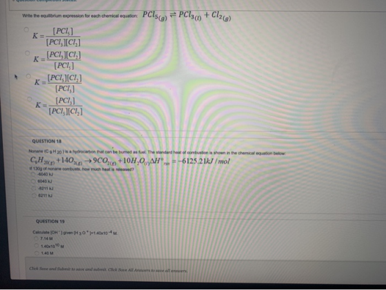 Wrto the equilibrium expression for each chemical equation: PCs(a) =PC13(+ Cl2(a) K [PC] [PC1,][Cl] K_[PCI,][CI] [PCI) OR_[PC