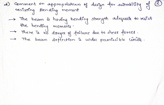 2 d) Comment on appropriatness of design for suitability of resisting Bending moment → The beam ů having bending strength ade