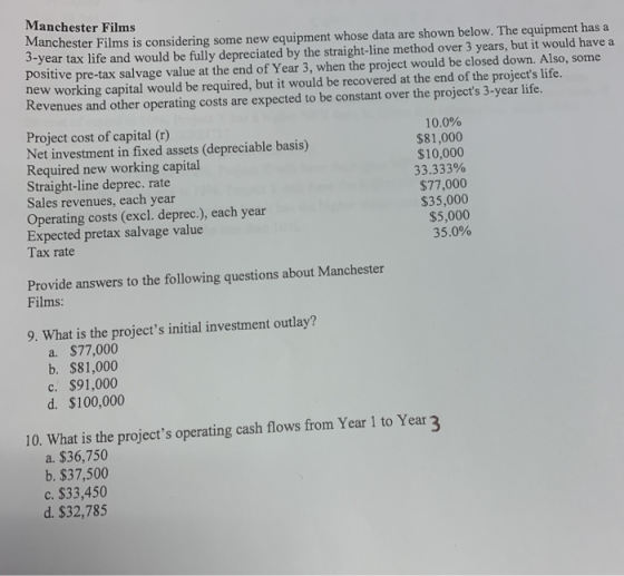 Manchester Films Manchester Films is considering some new equipment whose data are shown below. The equipment has a 3-year ta