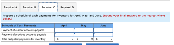 Required A Required B Required C Required D Prepare a schedule of cash payments for inventory for April, May, and June. (Roun