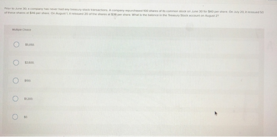 Prior to June 30, a company has never had any treasury stock transactions. A company repurchased 100 shares of its common sto