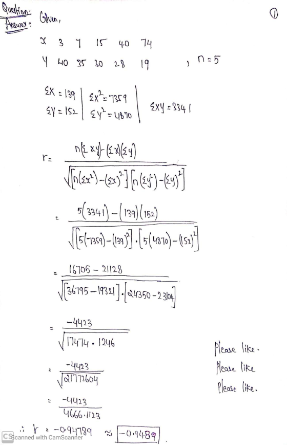x 37 15 40 74 Y 40 35 30 28 19 , n = 5 EX = 139 | Ex?=1359 W EY = 152 sytua Exy = 334 / ra ne xylt 16. xey] Violex+)-13,] [ (