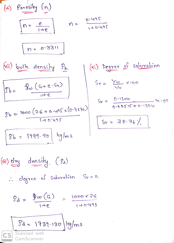 (1) Porosity (n) 0.495 e 140.495 I ne 0.3311 In. 0-331)] fi) bulk density St. Sb= Su Care.so) l 1 (xi) Degree of saturation l