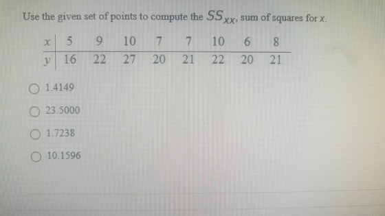 Use the given set of points to compute the SSxx, sum of squares for x. 10 7 7 10 9 22 1 16 1 20 21 1.4149 23.5000 1.7238 10.1