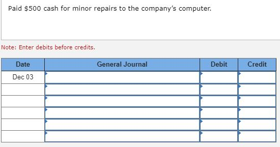 Paid $500 cash for minor repairs to the companys computer. Note: Enter debits before credits. Date General Journal Debit Cre