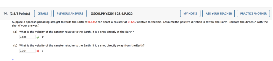 14. [2.5/5 Points] DETAILS PREVIOUS ANSWERS OSCOLPHYS2016 28.4.P.020. MY NOTES ASK YOUR TEACHER PRACTICE ANOTHER Suppose a sp