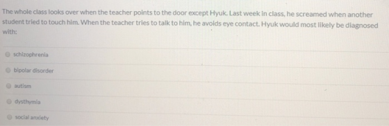 The whole class looks over when the teacher points to the door except Hyuk. Last week in class, he screamed when another stud