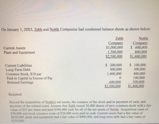On January 1, 20X5, Zebb and Nottle Companies had condensed balance sheets as shown below: Current Assets Plant and Equipment