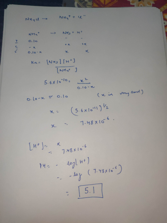 NHyld Nryt + e- NH, Hr NHY+ Huy 0.10 -X 0.10. x Ka= [NH3 ] [ht] [Nhut 5.6610% = x² 0.10 o.lo-1 a 0.10 (se is x= (5.6*10-1)/2