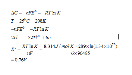 T-25°C- 298K 271→2713+ +6e RT InK nF 8.314J/molKx289xh(1.34x10) 6x 96485 0 -0.76