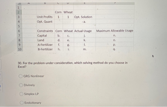 Corn Wheat 1 - 1 Opt. Solution Unit Profits Opt. Quant a. OWN Maximum Allowable Usage Constraints Corn Wheat Actual Usage Cap