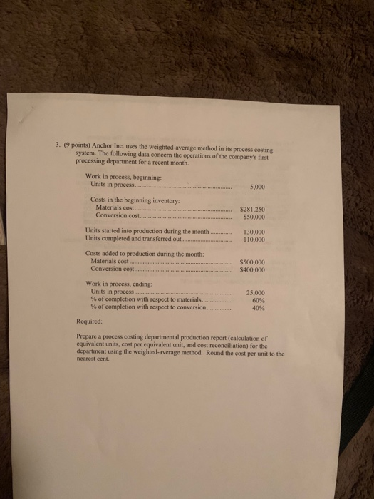 3. (9 points) Anchor Inc. uses the weighted-average method in its process costing system. The following data concern the oper