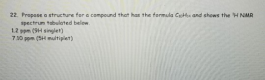 22. Propose a structure for a compound that has the formula CoH14 and shows the H NMR spectrum tabulated below. 1.2 ppm (9H