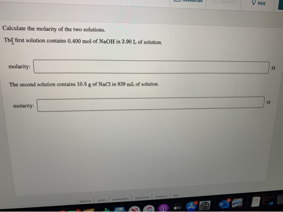 - Resources x Give Up? Hint Calculate the molarity of the two solutions. Thir first solution contains 0.400 mol of NaOH in 2.