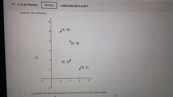 11. [-13.22 Points] DETAILS LARLINALG8 2.6.017. Consider the following. 5 (1,5) 4 (2, 4) 3 2 (2, 2) (3, 1) - Х - 1 2 3 4 -14