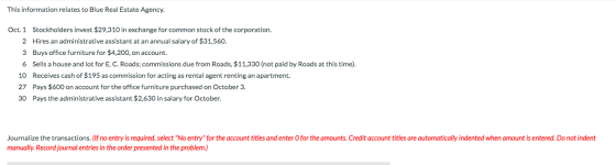 This information relates to Blue Real Estate Agency. Oct. 1 Stockholders invest $29,310 in exchange for common stock of the c