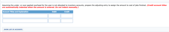 Assuming the under- or over-applied overhead for the year is not allocated to inventory accounts, prepare the adjusting entry