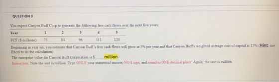 QUESTION 9 You expect Canyon Buff Corp to generate the following free cash flows over the next five years 5 3 4 Year 120 FCF