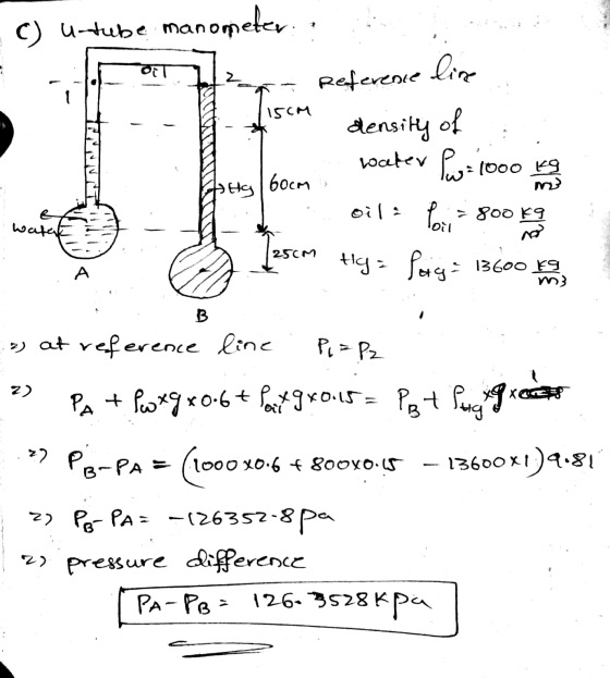 C) U-tube mane manometer Dit Reference line 1 15CM density of Alg 60cm mo water Pw 1000 kg Pour 5cm Hg = Poig = 13600 kg oil