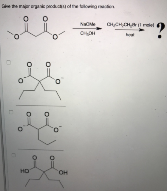 Give the major organic product(s) of the following reaction. CH2CH2CH2Br (1 mole) Name CH3OH heat OH