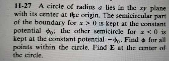 11-27 A circle of radius a lies in the xy plane with its center at the origin. The semicircular part of the boundary for x >