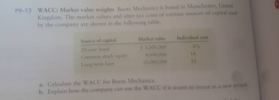 P9-13 WACC: Market value weights Boots Mechanics is based in Manchester United Kingdom. The market values and after-tax costs