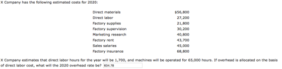 X Company has the following estimated costs for 2020: Direct materials Direct labor Factory supplies Factory supervision Mark